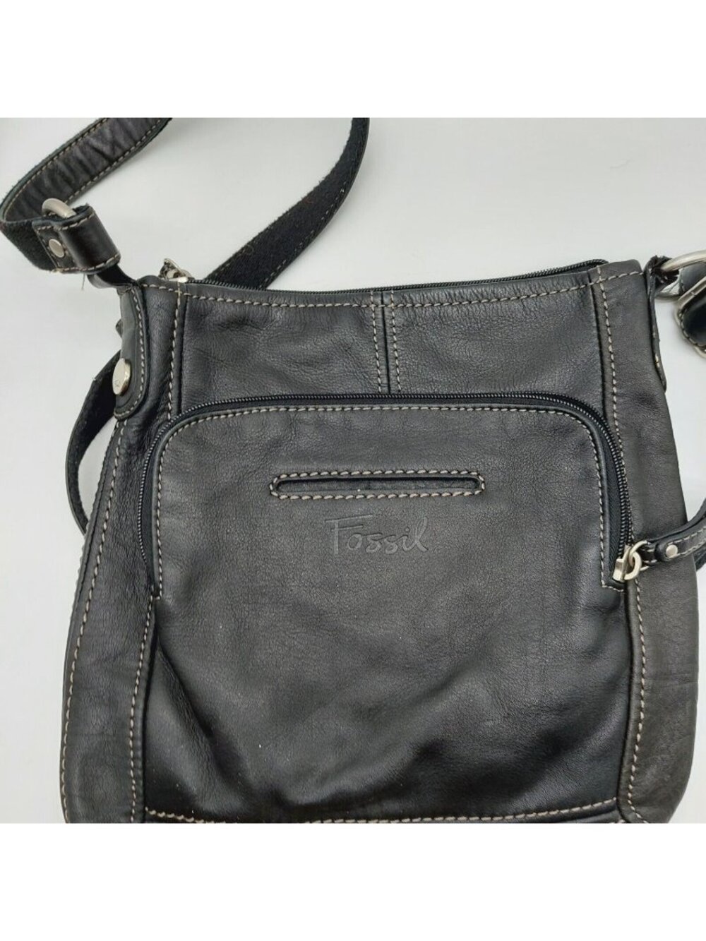 FOSSIL Hanover Purse Black Leather Satchel Bag Crossbody Top Zip No Key Flawed